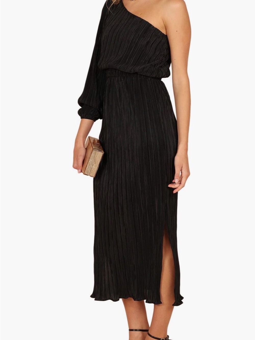 Petal & Pup Black One-Shoulder Pleated Midi Dress